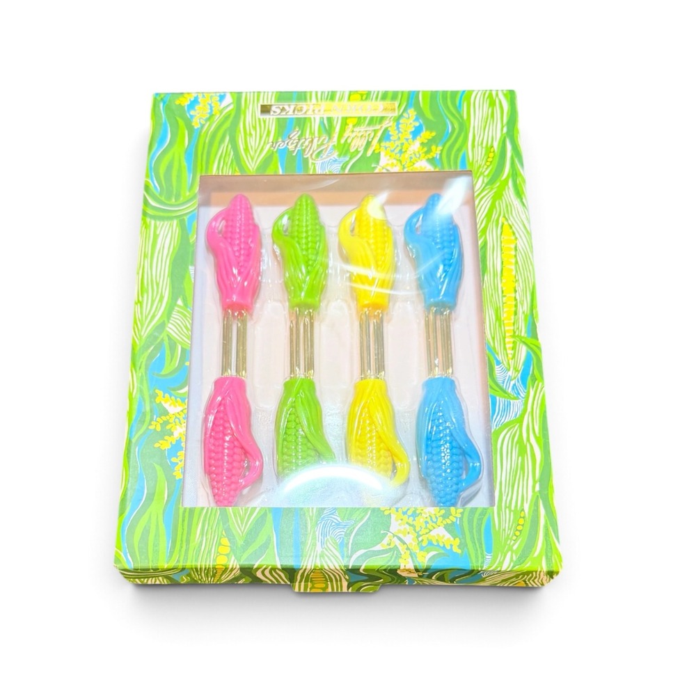 Lilly Pulitzer Corn Picks Set of 4 Pairs Multi Color Tropical Preppy BBQ Gift